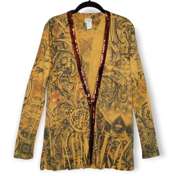 Daytrip Thin Knit Open Cardigan Sweater Size L Yellow Sequin Collar Studded - Picture 1 of 8
